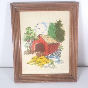 10.5" x13"  Framed Vintage Completed Needlepoint Crewel Covered Bridge 1978